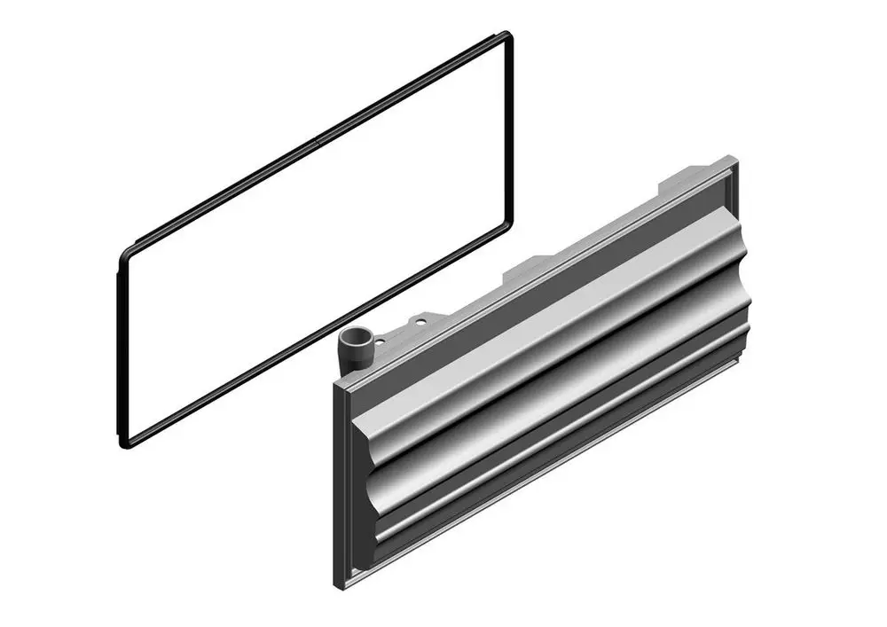 BOSCH Kondenswassersammler, bestehend aus einem parallel geschlitzten Gehäuse und einer abnehmbaren Abdeckung, zur effektiven Sammlung von Kondenswasser.